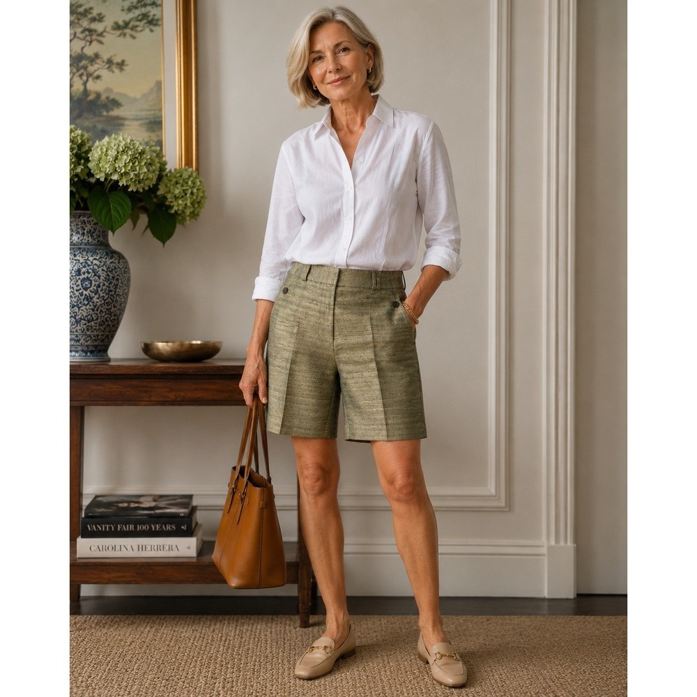 Liquid VTG Silk Low Rise Bermuda Trousers Shorts Slub Texture Gold Olive 8